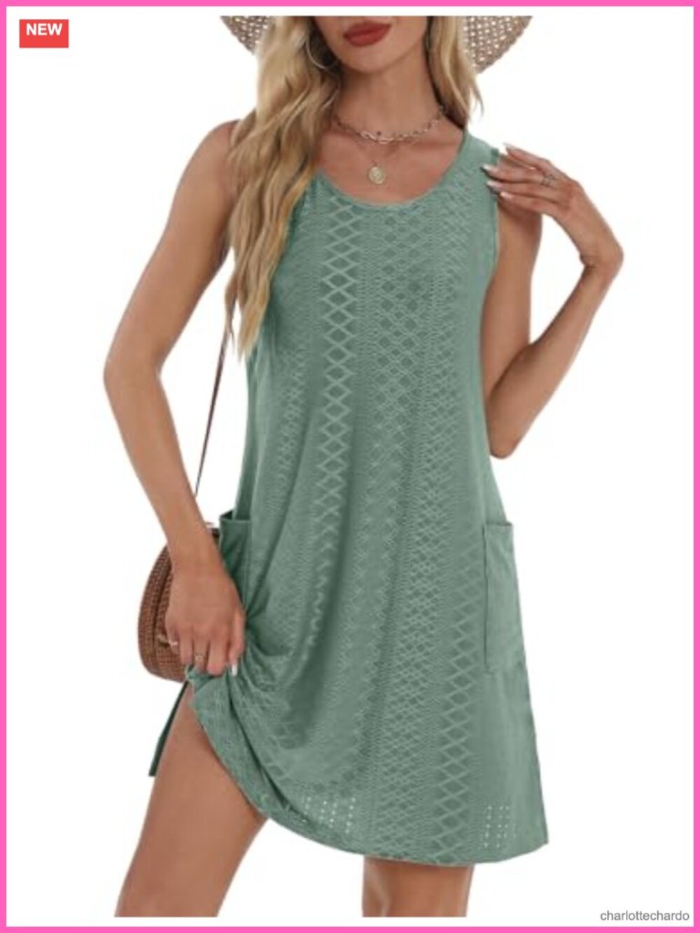 Sleeveless Sundress with Pockets Eyelet Floral Knee Length Swing Dress